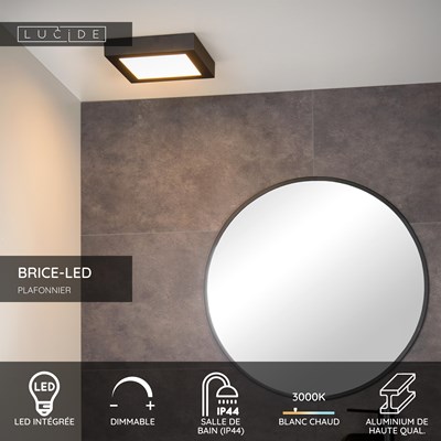 Lucide BRICE-LED - Plafonnier Salle de bains - LED Dim. - 1x22W 3000K - IP44 - Noir